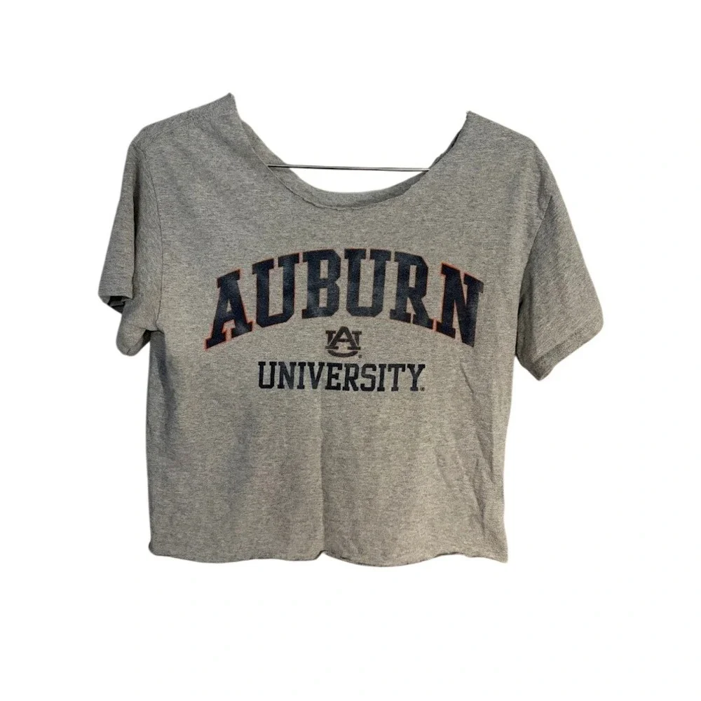 Auburn University Tigers Cropped Graphic Tee Heather Gray Wide Neck Raw Hem